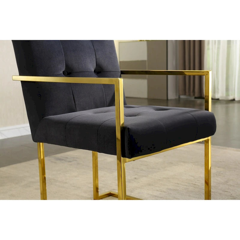 Chaise de salle à manger moderne en velours avec accoudoirs, lot de 1, design capitonné et base en acier inoxydable doré