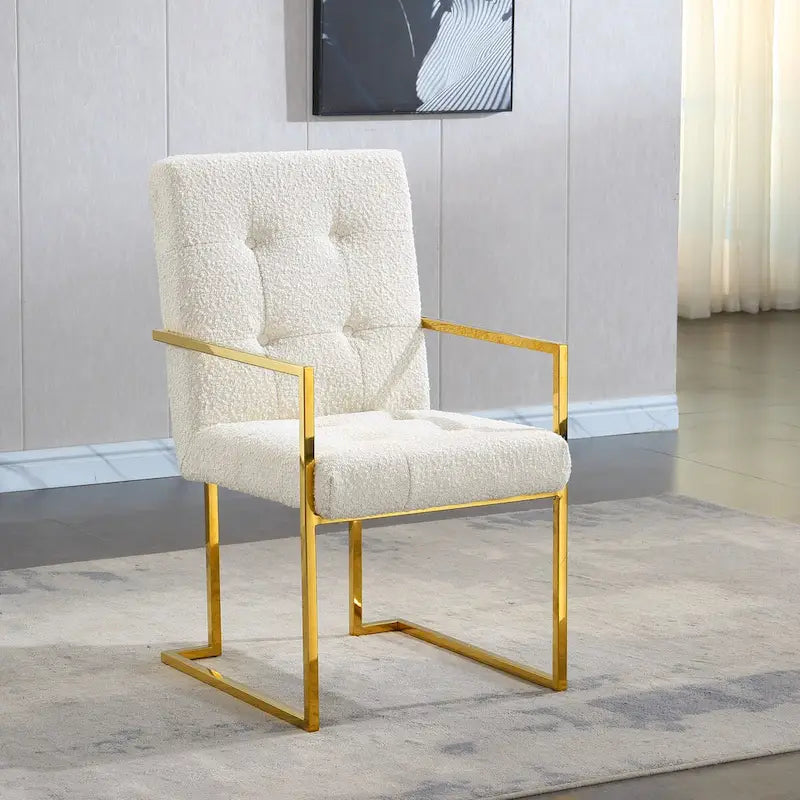 Chaise de salle à manger moderne en velours avec accoudoirs, lot de 1, design capitonné et base en acier inoxydable doré