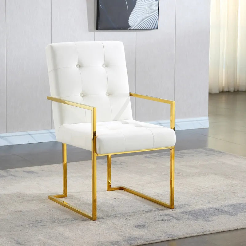 Chaise de salle à manger moderne en velours avec accoudoirs, lot de 1, design capitonné et base en acier inoxydable doré