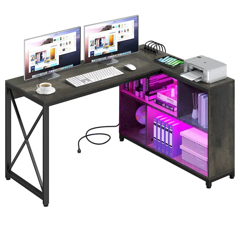 Bureau d'angle réversible en L de 55" avec étagères de rangement, bureau informatique de jeu