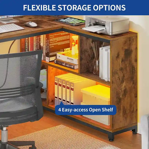 Bureau d'angle réversible en L de 55" avec étagères de rangement, bureau informatique de jeu