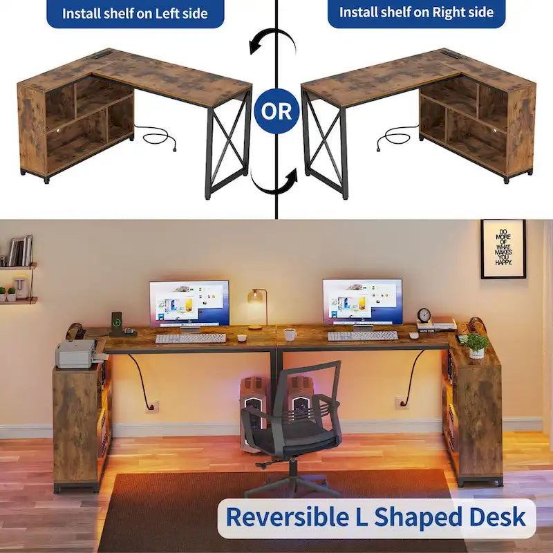Bureau d'angle réversible en L de 55" avec étagères de rangement, bureau informatique de jeu