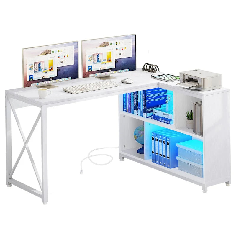 Bureau d'angle réversible en L de 55" avec étagères de rangement, bureau informatique de jeu