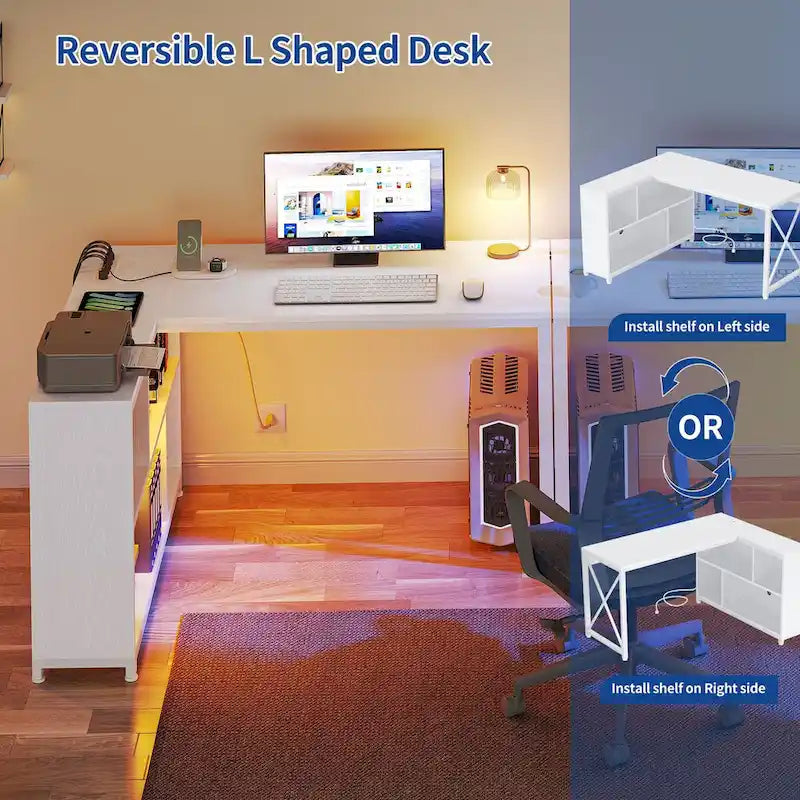 Bureau d'angle réversible en L de 55" avec étagères de rangement, bureau informatique de jeu