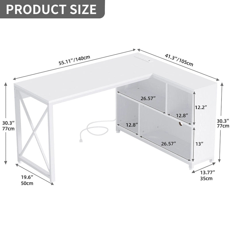 Bureau d'angle réversible en L de 55" avec étagères de rangement, bureau informatique de jeu