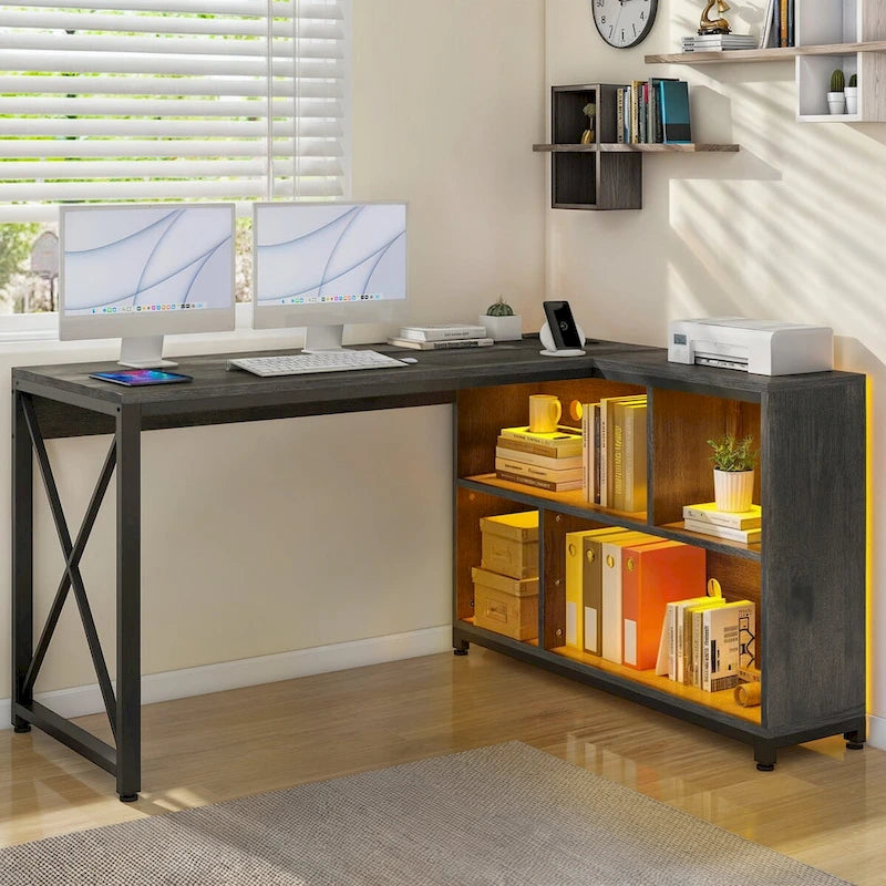 Bureau d'angle réversible en L de 55" avec étagères de rangement, bureau informatique de jeu