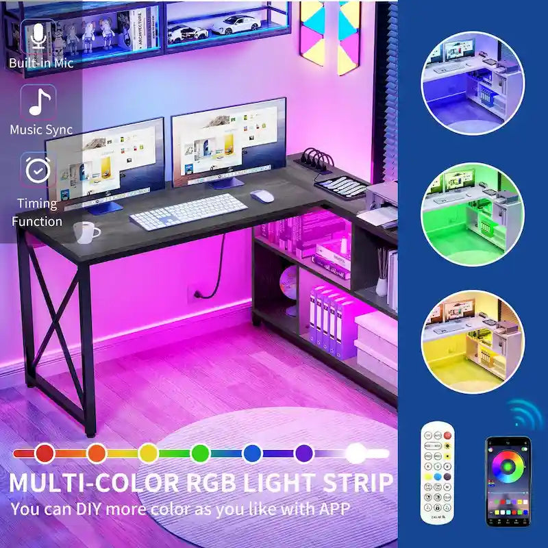 Bureau d'angle réversible en L de 55" avec étagères de rangement, bureau informatique de jeu