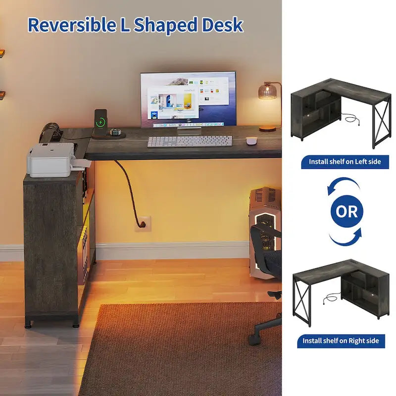 Bureau d'angle réversible en L de 55" avec étagères de rangement, bureau informatique de jeu