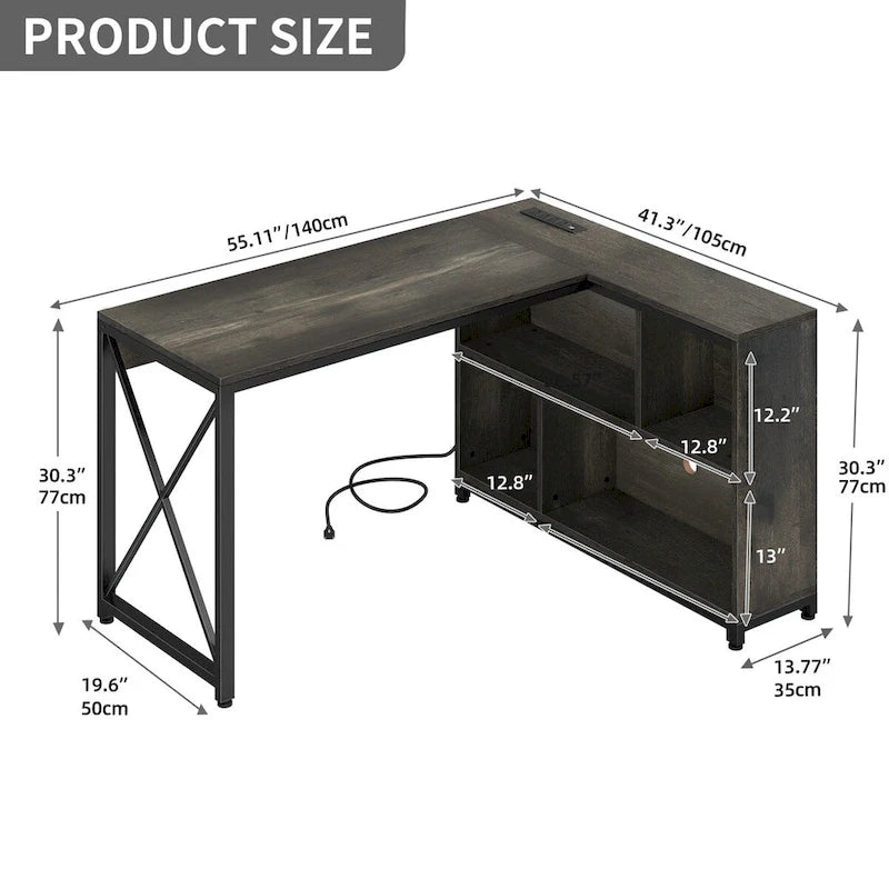 Bureau d'angle réversible en L de 55" avec étagères de rangement, bureau informatique de jeu