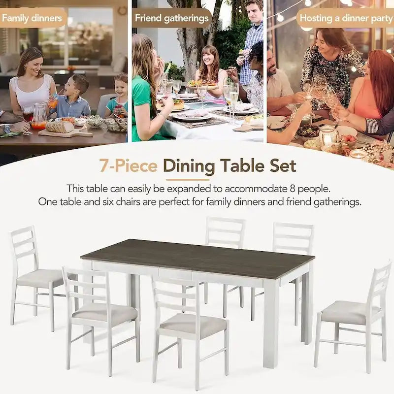 Ensemble de salle à manger 7 pièces en bois pour 6 personnes avec table extensible