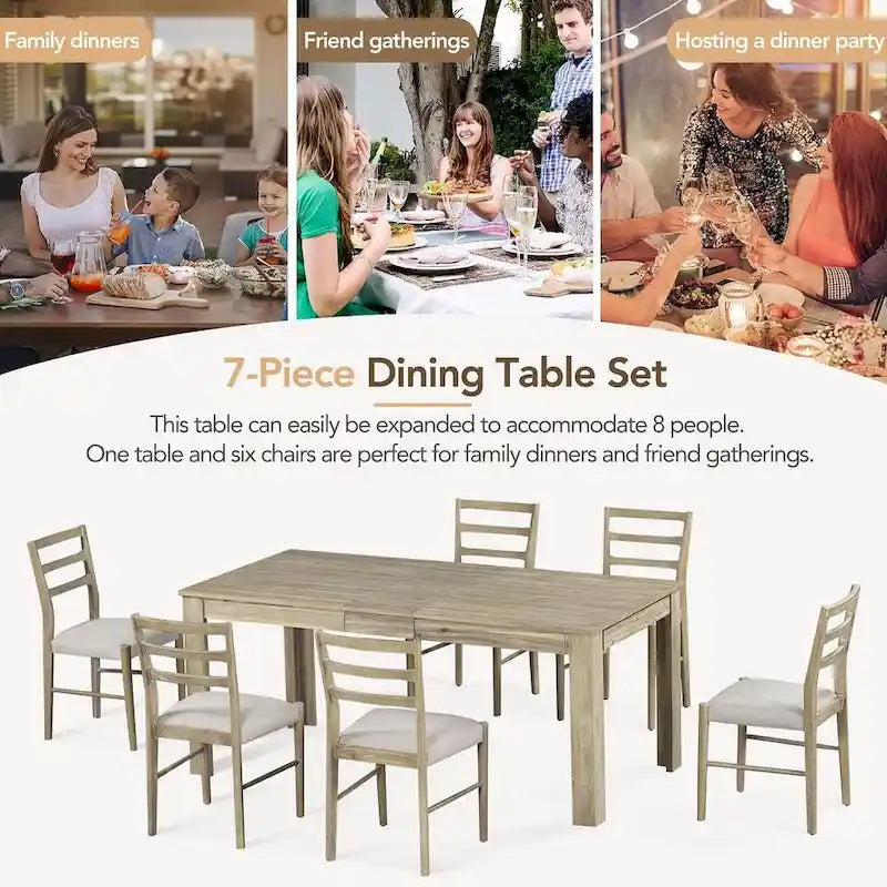 Ensemble de salle à manger 7 pièces en bois pour 6 personnes avec table extensible