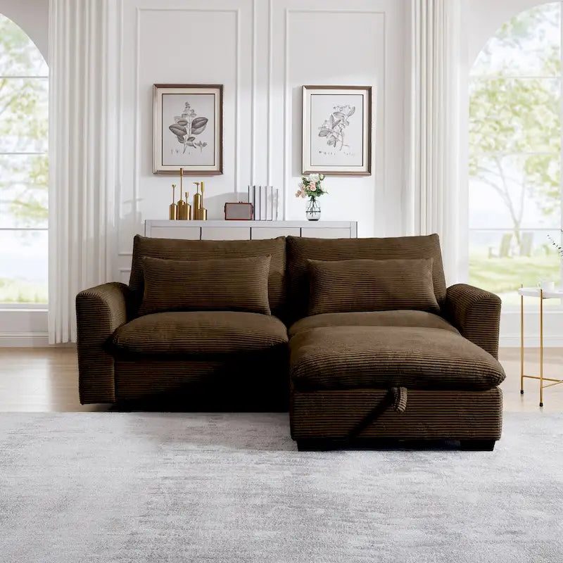 Sectional Sofa Comfy Corduroy Couch with Pillows and Round Armrests,Corduroy Sofa Sleeper Deep Couches with Storage Ottoman