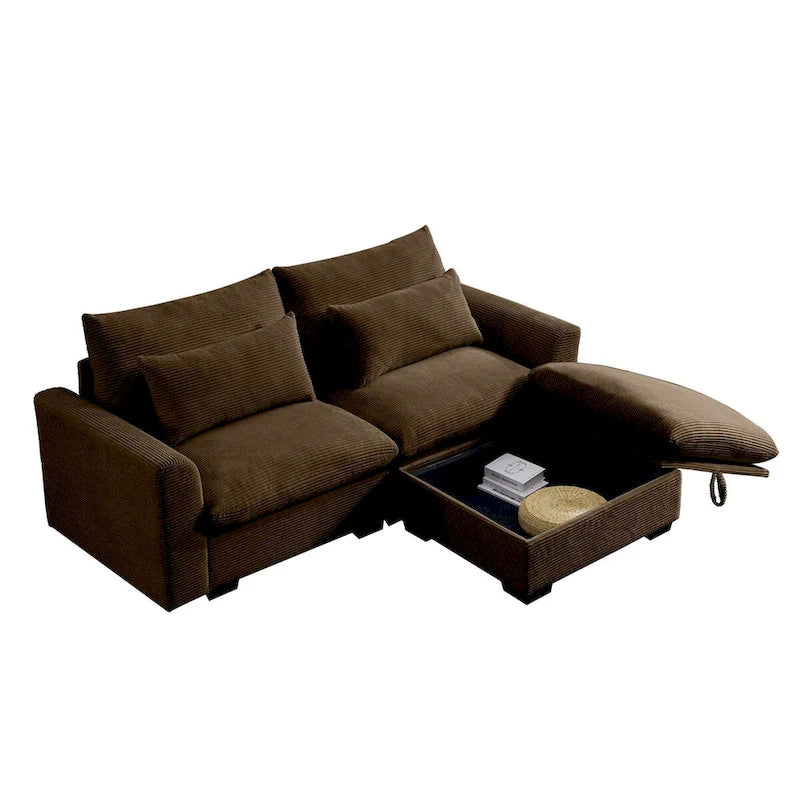 Canapé d'angle en velours côtelé confortable avec oreillers et accoudoirs ronds,Canapé-lit en velours côtelé profond avec pouf de rangement