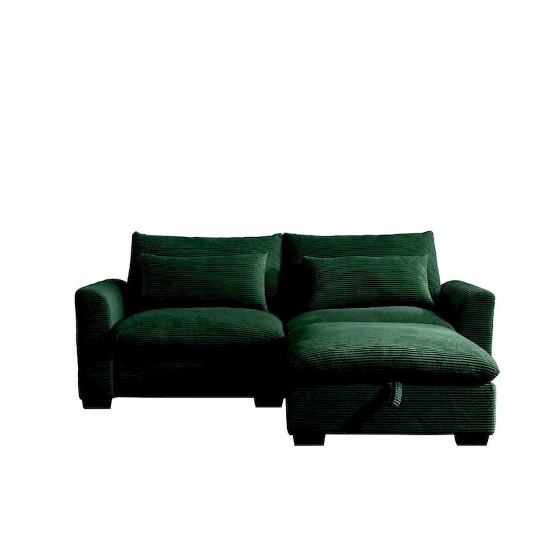 Canapé d'angle en velours côtelé confortable avec oreillers et accoudoirs ronds,Canapé-lit en velours côtelé profond avec pouf de rangement