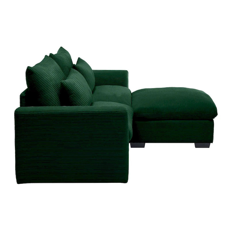 Canapé d'angle en velours côtelé confortable avec oreillers et accoudoirs ronds,Canapé-lit en velours côtelé profond avec pouf de rangement