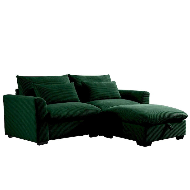 Canapé d'angle en velours côtelé confortable avec oreillers et accoudoirs ronds,Canapé-lit en velours côtelé profond avec pouf de rangement