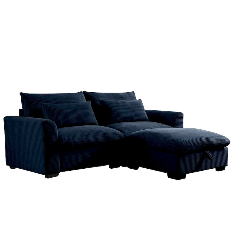 Canapé d'angle en velours côtelé confortable avec oreillers et accoudoirs ronds,Canapé-lit en velours côtelé profond avec pouf de rangement