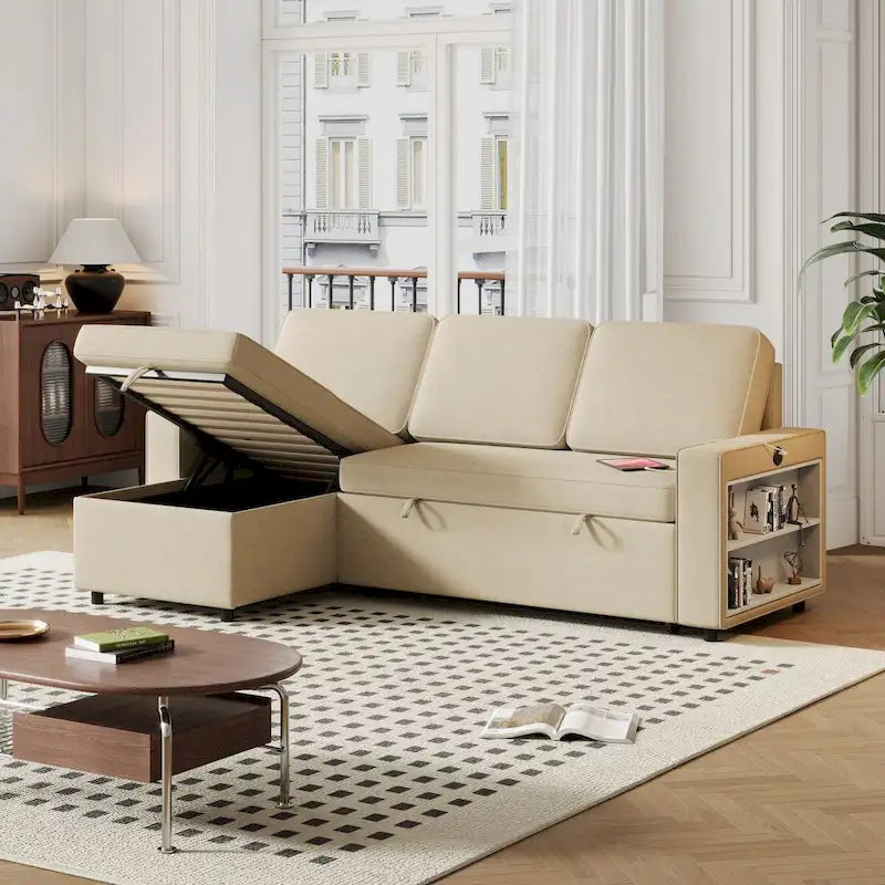 85.8 Inch Pull Out Sleeper Sofa, L-shaped Couch with USB Port & Storage Racks