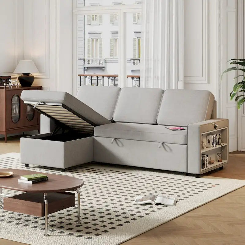 85.8 Inch Pull Out Sleeper Sofa, L-shaped Couch with USB Port & Storage Racks