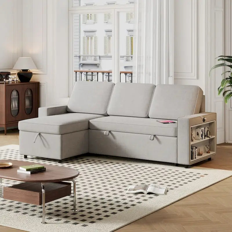 Canapé-lit convertible 217,9 cm avec port USB et étagères de rangement, en forme de L