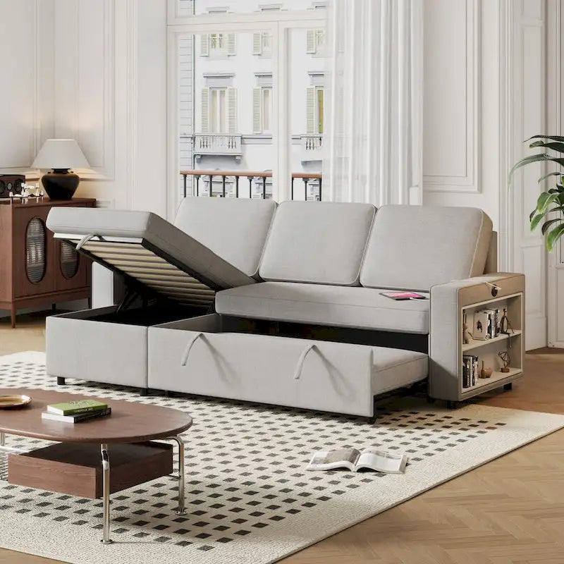 85.8 Inch Pull Out Sleeper Sofa, L-shaped Couch with USB Port & Storage Racks