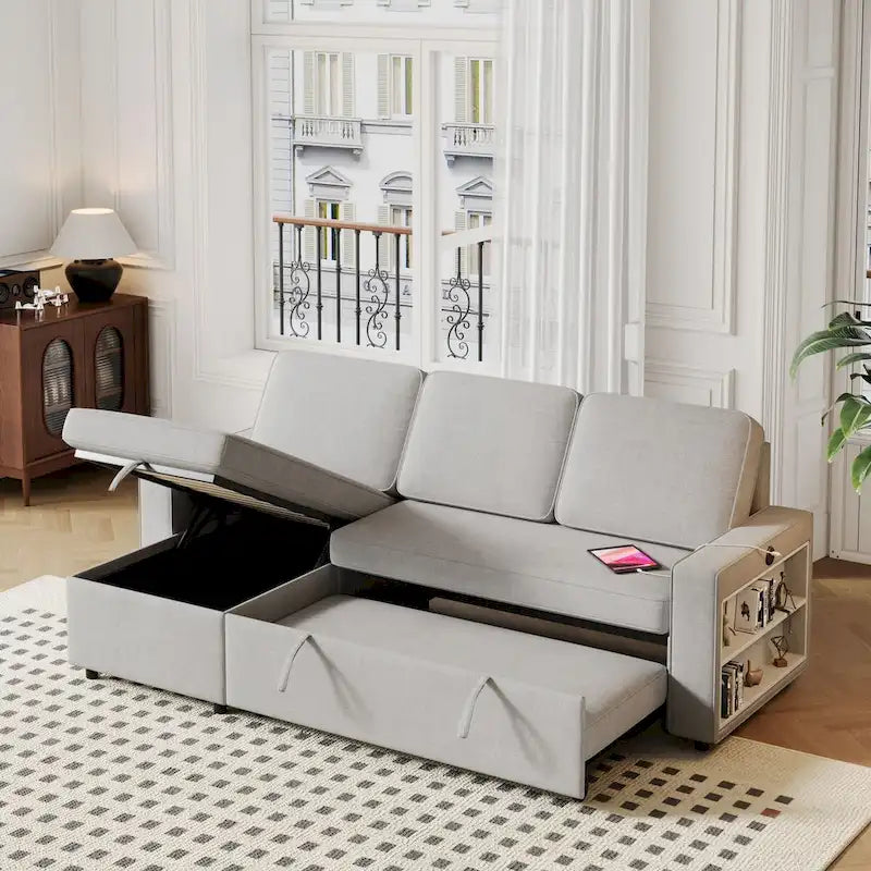 Canapé-lit convertible 217,9 cm avec port USB et étagères de rangement, en forme de L