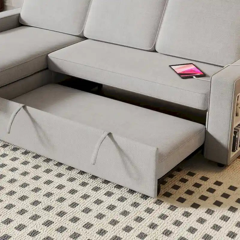 Canapé-lit convertible 217,9 cm avec port USB et étagères de rangement, en forme de L