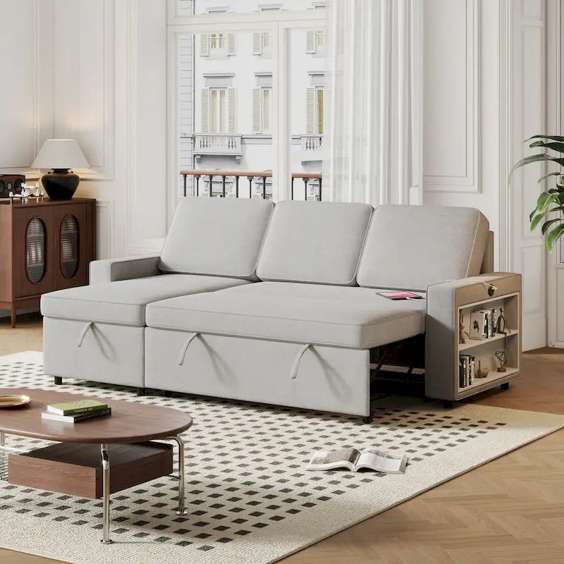 Canapé-lit convertible 217,9 cm avec port USB et étagères de rangement, en forme de L