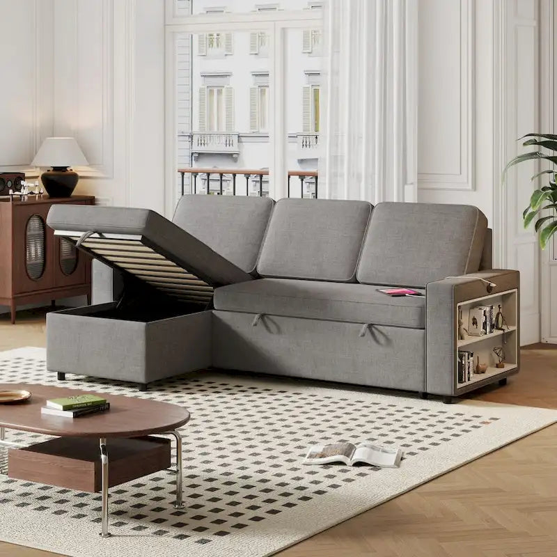Canapé-lit convertible 217,9 cm avec port USB et étagères de rangement, en forme de L