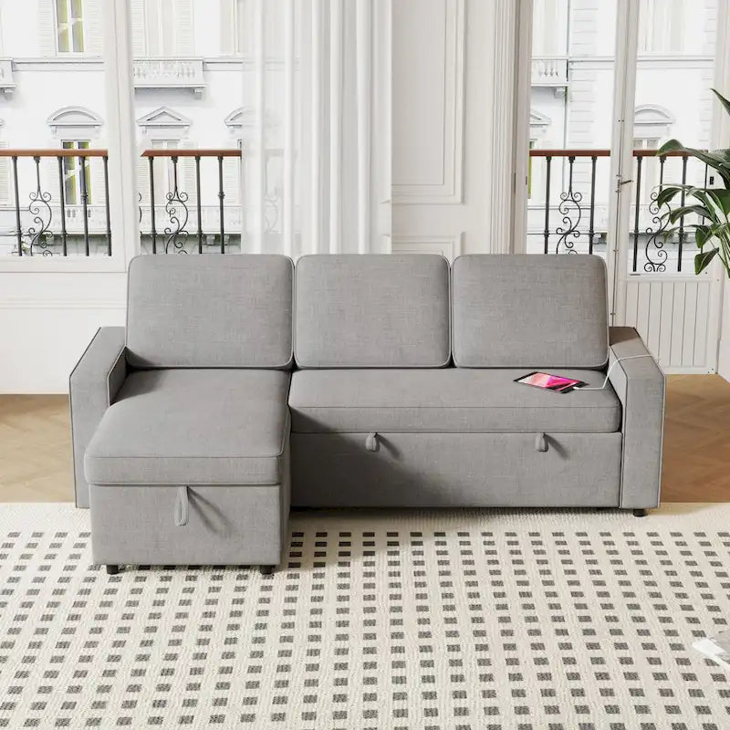 Canapé-lit convertible 217,9 cm avec port USB et étagères de rangement, en forme de L