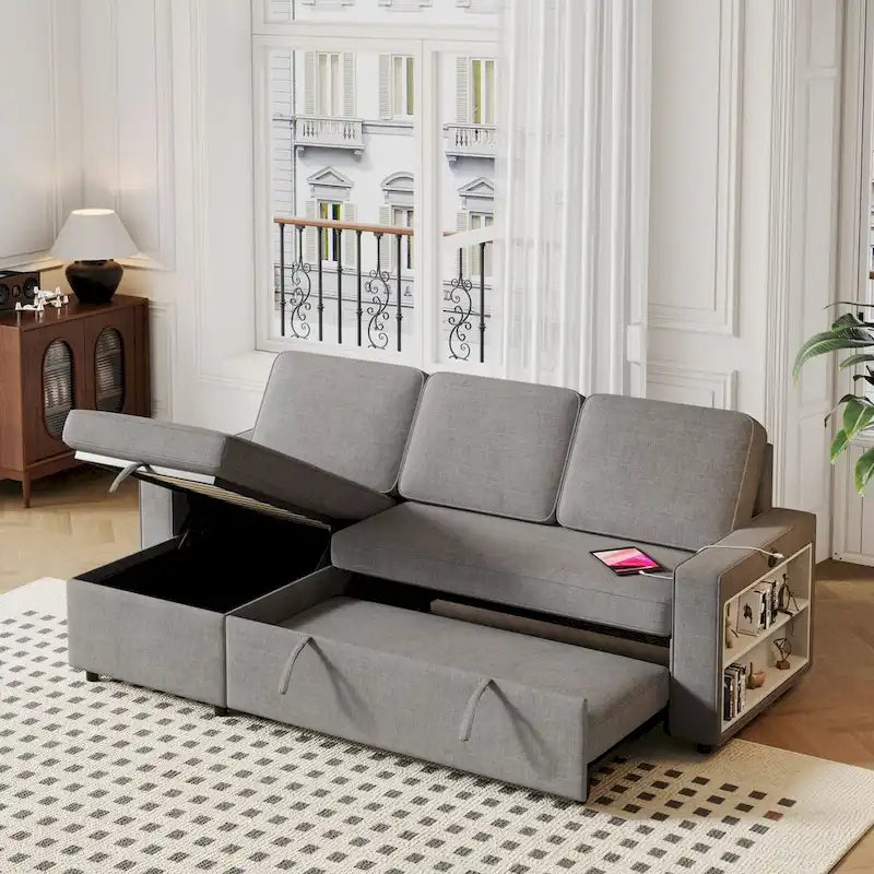 Canapé-lit convertible 217,9 cm avec port USB et étagères de rangement, en forme de L