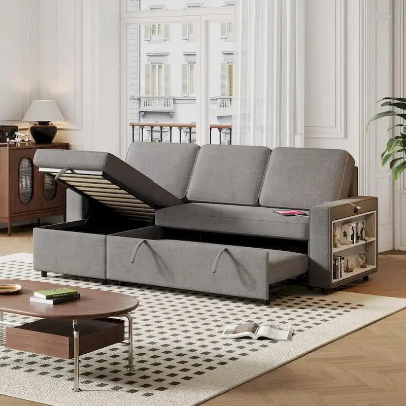 Canapé-lit convertible 217,9 cm avec port USB et étagères de rangement, en forme de L