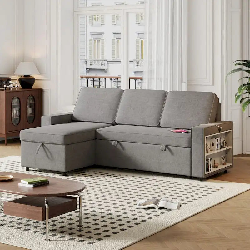 Canapé-lit convertible 217,9 cm avec port USB et étagères de rangement, en forme de L