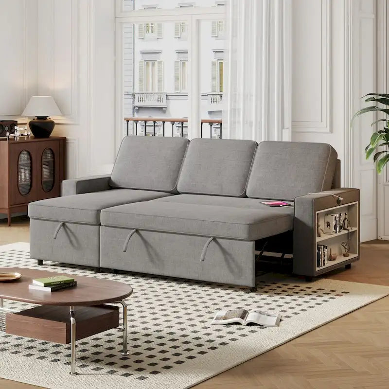 Canapé-lit convertible 217,9 cm avec port USB et étagères de rangement, en forme de L