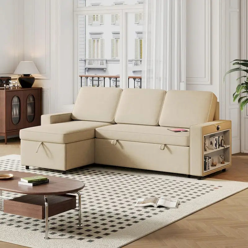 Canapé-lit convertible 217,9 cm avec port USB et étagères de rangement, en forme de L