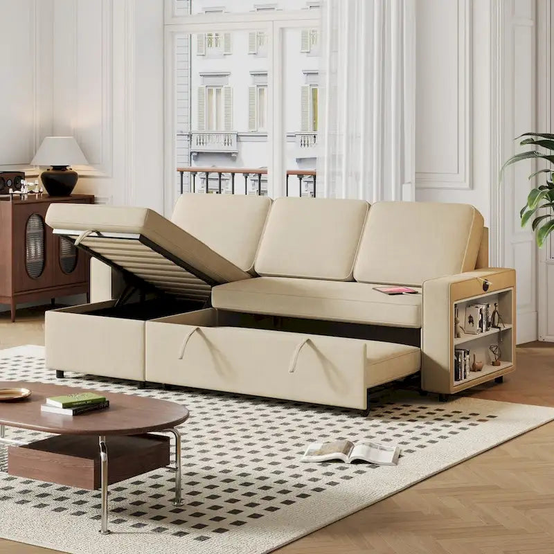 Canapé-lit convertible 217,9 cm avec port USB et étagères de rangement, en forme de L