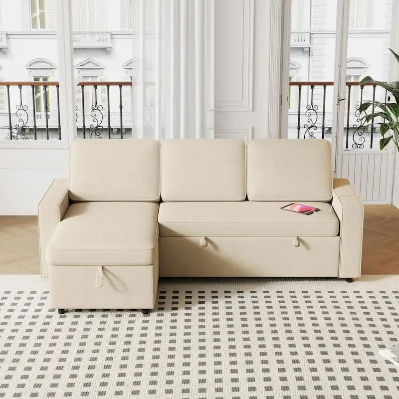 Canapé-lit convertible 217,9 cm avec port USB et étagères de rangement, en forme de L