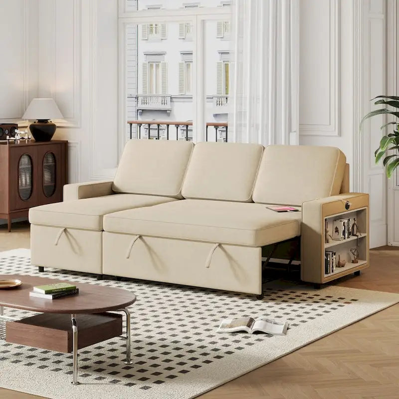Canapé-lit convertible 217,9 cm avec port USB et étagères de rangement, en forme de L