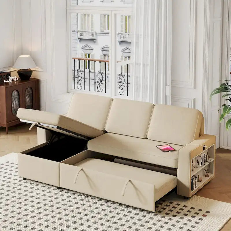 Canapé-lit convertible 217,9 cm avec port USB et étagères de rangement, en forme de L