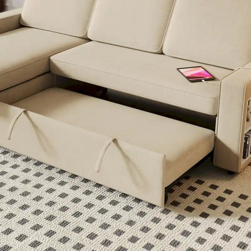 Canapé-lit convertible 217,9 cm avec port USB et étagères de rangement, en forme de L