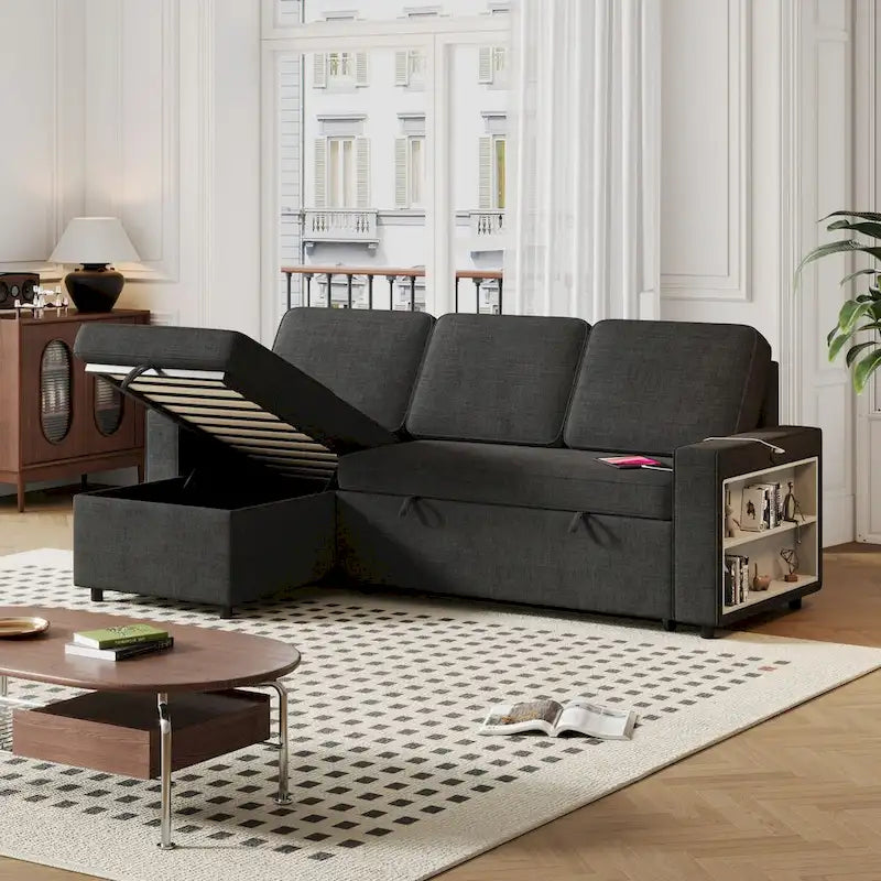Canapé-lit convertible 217,9 cm avec port USB et étagères de rangement, en forme de L